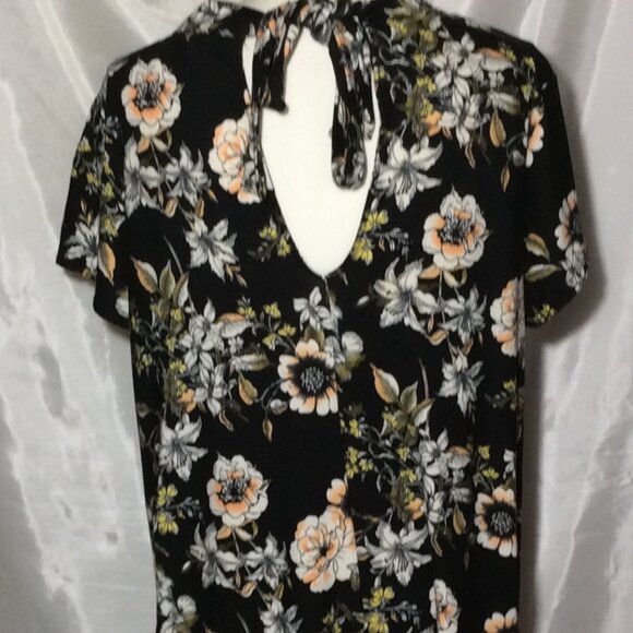Sauci Women Black Floral Multi- Color Flare Dress Size L Short Sleeve Pullover - Picture 6 of 9